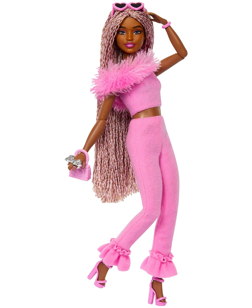 Barbie Deluxe Style Doll 4 in Soft Pink Jumpsuit, Pink and Brown Braided Hair