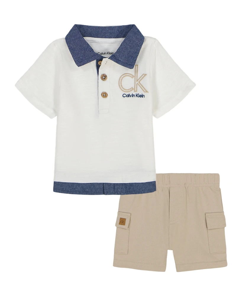 Calvin Klein Baby Boys 2-Piece Chambray Trim Jersey Polo French Terry and Cargo Shorts Set