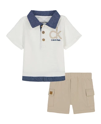 Calvin Klein Baby Boys 2-Piece Chambray Trim Jersey Polo French Terry and Cargo Shorts Set