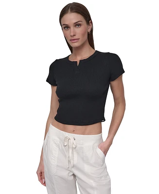 Dkny Sport Women's Ribbed Notched-Neck Cropped T-Shirt