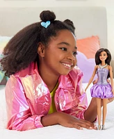 Barbie Fashionistas Doll 234 in Sequined Purple Dress and Silvery Accessories, Brown Hair