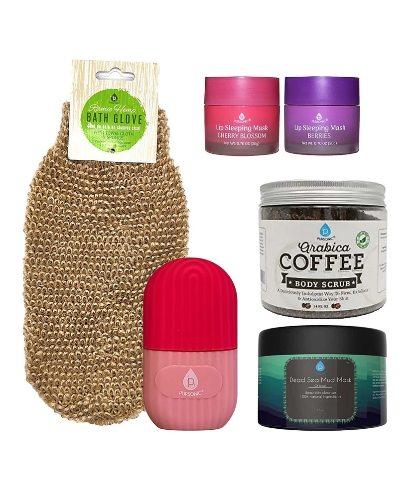 Pursonic Self Care Night Bundle: Lip Masks, Dead Sea Mud Mask, Ice Roller, Bath Glove & Coffee Scrub