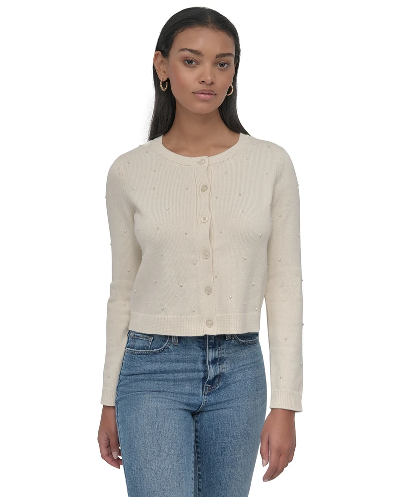 Dkny Jeans Petite Pearl Beaded Button-Front Sweater