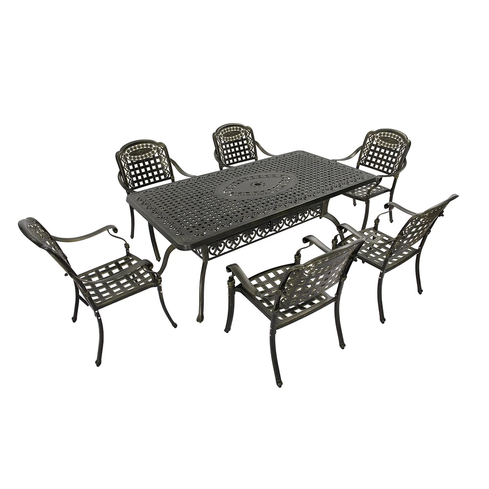 7pcs Outdoor Furniture Set Cast Aluminium Patio Dining Set 6 Outdoor Dining Chairs and 71 Inches Rectangular Dining Table for Balcony Porch Backyard G