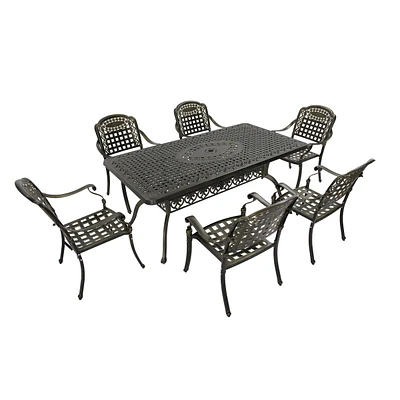 7pcs Outdoor Furniture Set Cast Aluminium Patio Dining Set 6 Outdoor Dining Chairs and 71 Inches Rectangular Dining Table for Balcony Porch Backyard G
