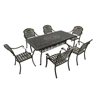 7pcs Outdoor Furniture Set Cast Aluminium Patio Dining Set 6 Outdoor Dining Chairs and 71 Inches Rectangular Dining Table for Balcony Porch Backyard G