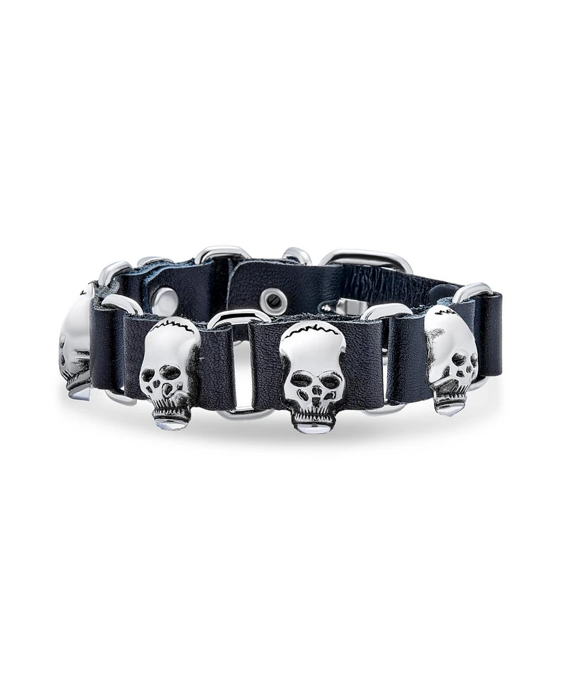 Bling Jewelry Biker Chain Link Bracelet Skull Heads Black Leather Studded Cuff for Men s