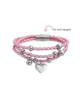 Bling Jewelry Pink or White Wrap Bracelet with Braided Leather and Heart Charms Stainless Steel