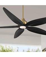 60" Lotus Bay Modern Indoor Outdoor Ceiling Fan 5 Blade Led Light Remote Control Brass Finish Black Blades Bedroom Patio Living Room Kitchen Porch Dam