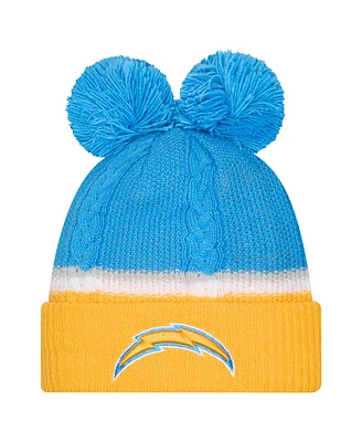 New Era Women's Powder Blue Los Angeles Chargers Double Bubble Cuffed Knit Hat with Poms