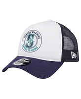 New Era Men's White/Navy Seattle Mariners Spring Training Circle Foam A-Frame 9FORTY Trucker Adjustable Hat