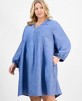 Charter Club Plus Linen Pleated Blouson-Sleeve Shift Dress, Exclusively at Macy's