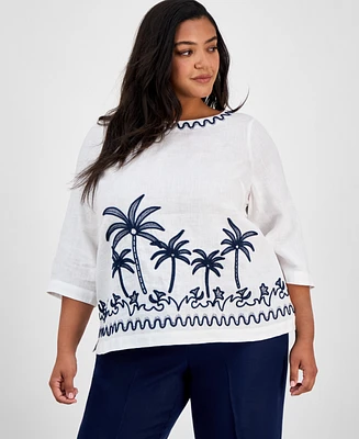 Charter Club Plus Corded Embroidered Linen Top, Exclusively at Macy's