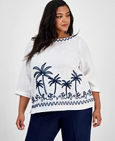 Charter Club Plus Corded Embroidered Linen Top, Exclusively at Macy's