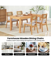 Wooden Rattan Dining Chair Set of 4 with Can Back Rubber Wood Frame Padded Seat