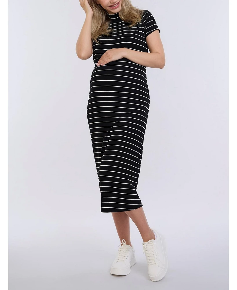 Women's Mock Neck Short Sleeve Ribbed Maternity Midi Dress - Motherhood