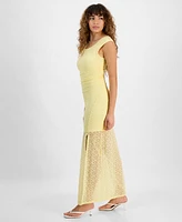 Bar Iii Women's Cap-Sleeve Side-Slit Lace Maxi Dress, Exclusively at Macy's