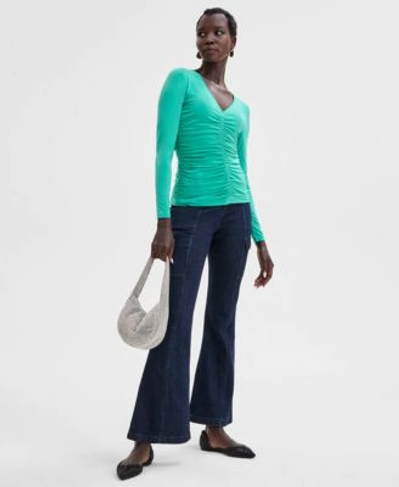 I.N.C. International Concepts Ruched Long Sleeve Top Flared Leg Jeans Mesh Hobo Bag Hardware Detail Flats Exclusively At Macys