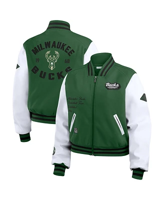 Wear by Erin Andrews Women's Hunter Green/White Milwaukee Bucks Cropped Varsity Full-Zip Jacket
