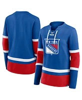 Fanatics Women's Blue New York Rangers Prime Time Lace-Up Long Sleeve T-Shirt