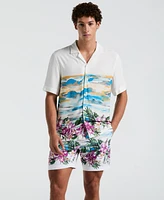 Original Penguin Men's Slim-fit Hibiscus Scene Print Short-Sleeve Button-Down Shirt