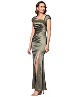 Xscape Women's Asymmetric Pleated Cap-Sleeve Gown