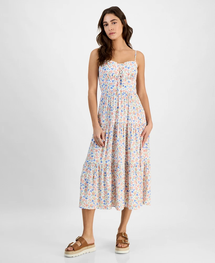 Self Esteem Juniors' Floral Lace-Up Sweetheart Midi Dress