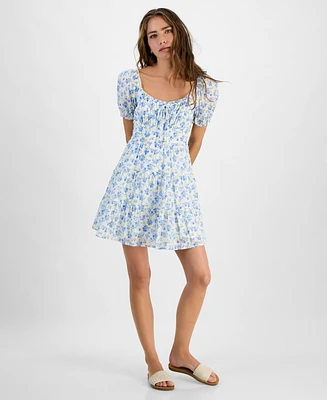 Kingston Grey Juniors' Floral-Print Cotton Puff-Sleeve Mini Dress