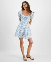Kingston Grey Juniors' Floral-Print Cotton Puff-Sleeve Mini Dress