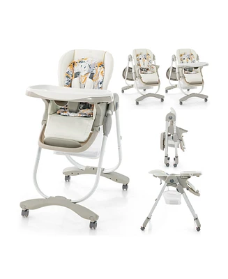 Multifunctional Folding Baby High Chair with Rolling Wheels and Adjustable Height