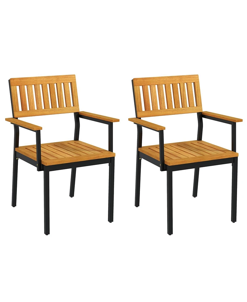 Patio Outdoor Dining Chair Set of 2 with Metal and Acacia Wood Frame