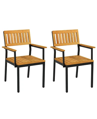 Patio Outdoor Dining Chair Set of 2 with Metal and Acacia Wood Frame