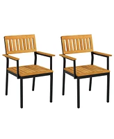 Patio Outdoor Dining Chair Set of 2 with Metal and Acacia Wood Frame