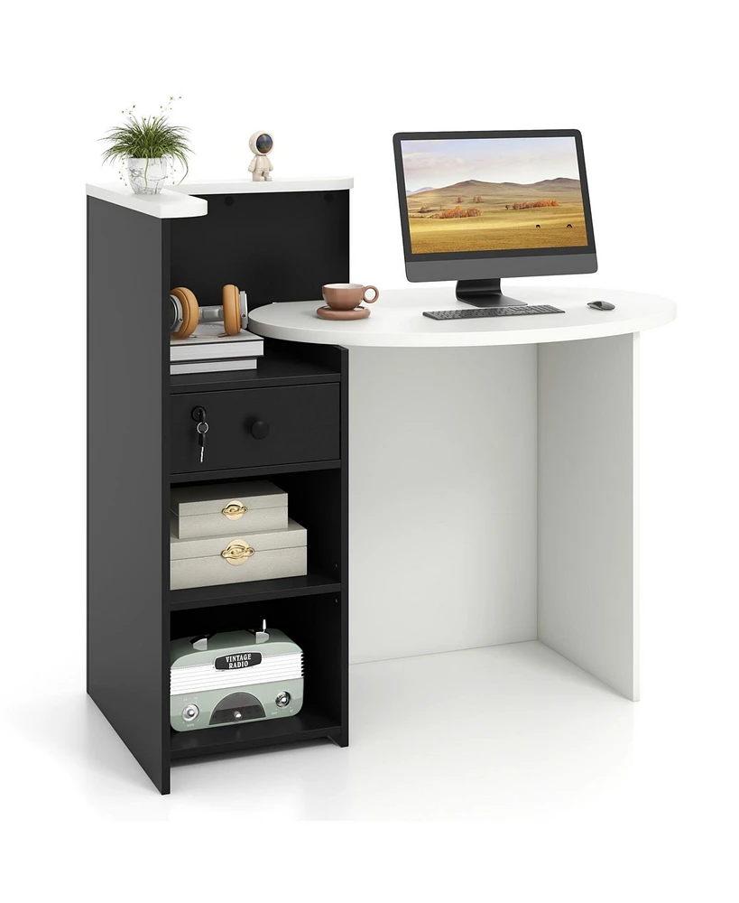 Front Reception Office Desk with Open Shelf and Lockable Drawer for Organized Secure Workspace