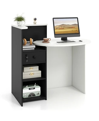 Front Reception Office Desk with Open Shelf and Lockable Drawer for Organized Secure Workspace