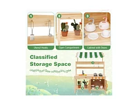 Mud Kitchen Fir Wood Play Kitchen with Canopy and Sink and 4 Stoves