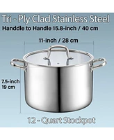 Cook N Home Stainless Steel Stockpot with Lid 12 Quart, Tri-Ply Clad Large Capacity Soup Pot, Induction Cooking pot, Silver