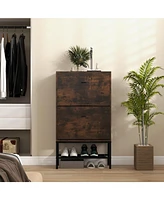 Industrial Shoe Storage Cabinet with 2 Flip Drawers and 1 Bottom Metal Shelf-Brown