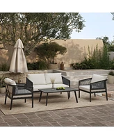LuxenHome Outdoor Black Steel with Pe Rope Armchairs with Cushions, Set of 2
