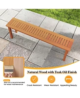 59" Long Patio Dining Bench with Teak Oil Finish & Slat Seat Accent Entryway Bench