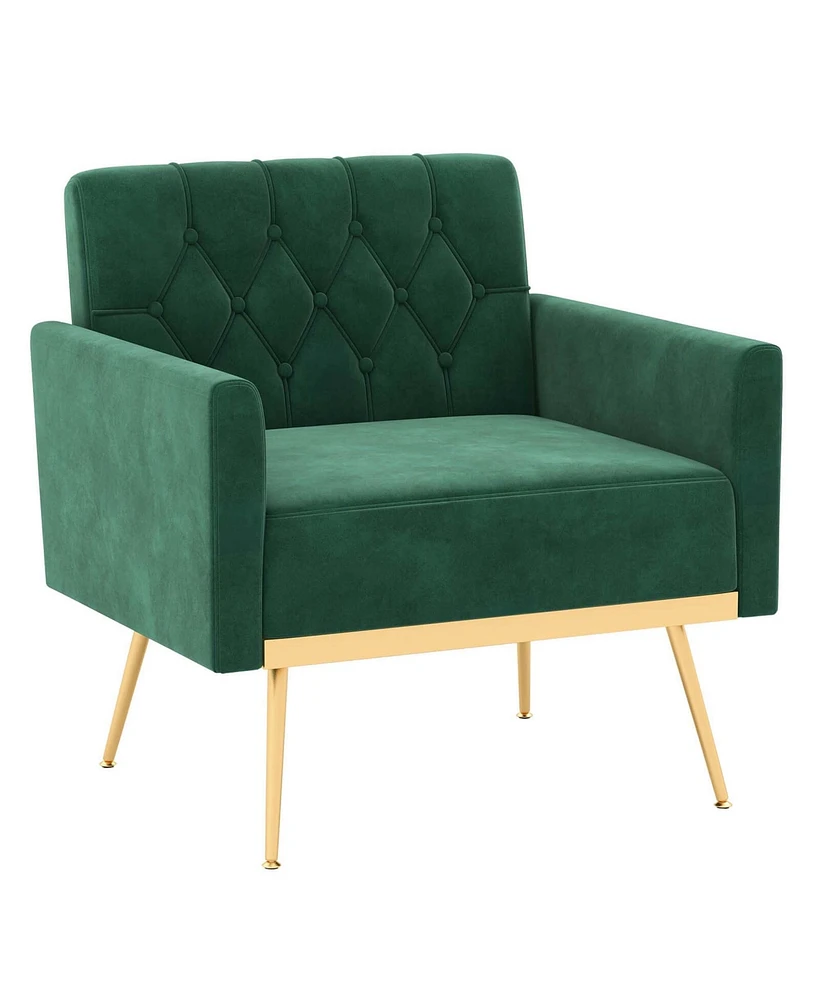 Modern Velvet Accent Chair with Button Tufted Back Golden Metal Legs & Foot Pads