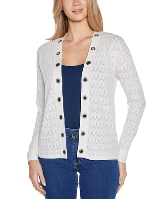 Belldini Women's Pointelle and Grommet Open Cardigan Sweater