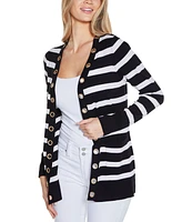 Belldini Women's Rhinestone Grommet Striped Open-Front Cardigan Sweater