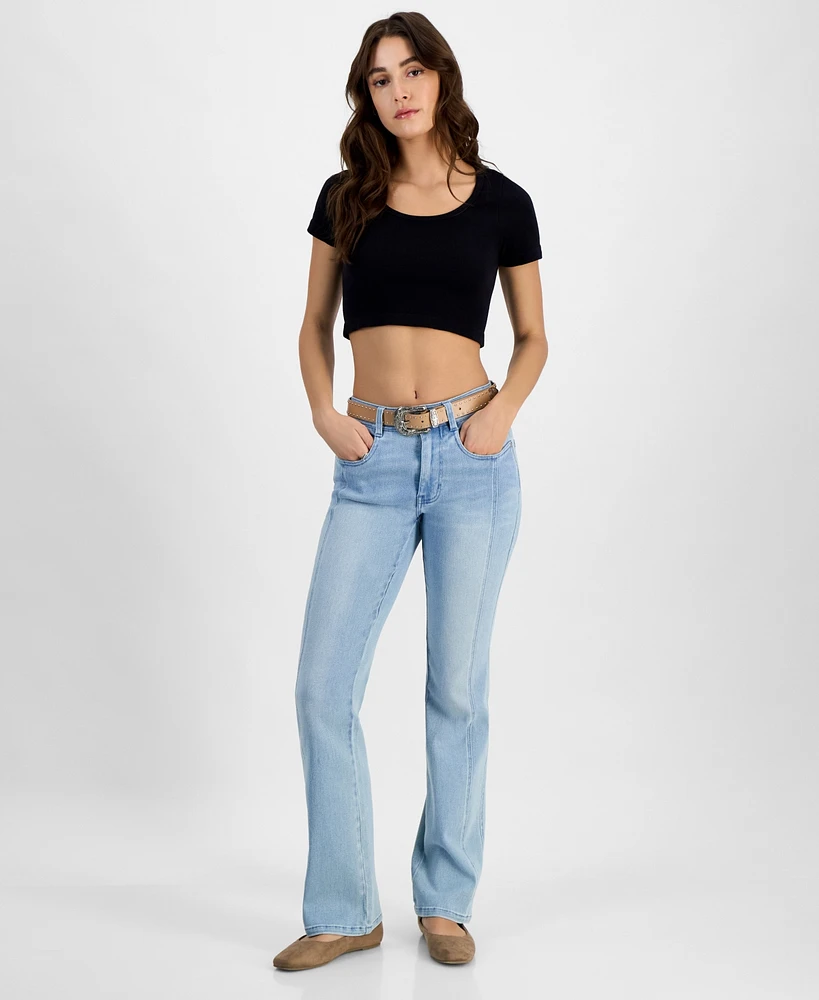 Dollhouse Juniors' Western High-Rise Belted Flare-Leg Jeans