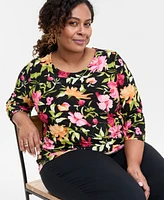 Jm Collection Plus Printed 3/4-Sleeve Top