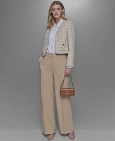 Karl Lagerfeld Paris Womens Button Down Blouse Pleat Front Pants Tweed Open Front Jacket