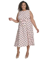 Calvin Klein Plus Polka-Dot Belted Midi Dress