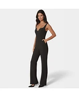 Bebe Women's Plunging U Neck Chain Detail Wide Leg Jumpsuit