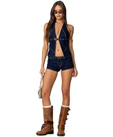 Edikted Womens Ciel Split Front Denim Halter Top