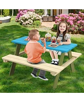 Kids Wooden Picnic Table Set Solid Dining Table with Built-in Benches for Patio